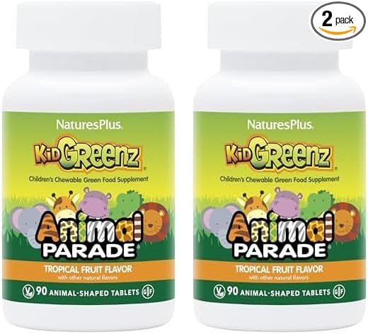 Natures Plus Animal Parade KidGreenz, Tropical Fruit Flavor - 90 Animal-Shaped, Chewable Tablets - Vegetarian, Gluten Free - 90 Servings (Pack of 2)
