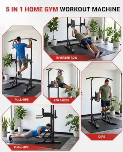 Power Tower Pull Up Bar and Dip Station for Home Gym, 450LBS Weight Capacity Free Standing Workout Equipment with Adjustab...