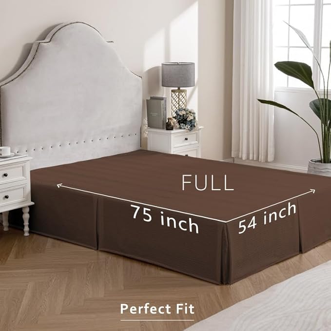 MIYE Pleated Waffle Weave Bed Skirt, Tailored Dust Ruffle 18 Inch Drop Easy Fit, Machine Washable (Brown, Full - 18" Drop)