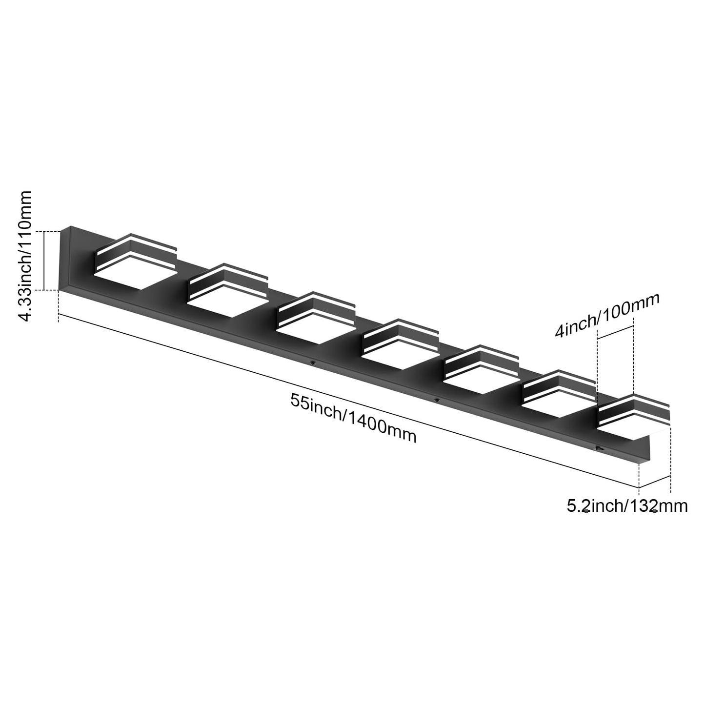 Ralbay 55Inch Black Vanity Light 5 Color Temperatures (3000K-6000K) Dimmable Metal Acrylic Led Modern Matte Black Bathroom Wall Lighting For Mirror (7-Light)
