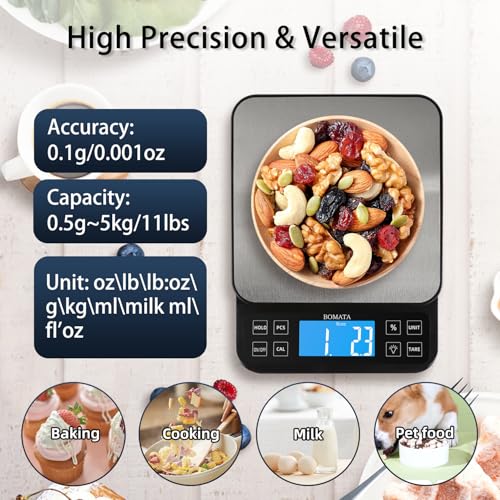 BOMATA Large Kitchen Scale with 0.1g/0.001oz High Precision, 5kg/11lb Bakery Scale with% Percentage Function, USB Recharge...