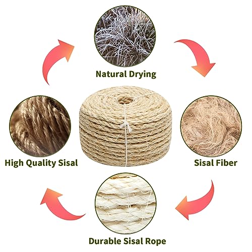 Natural Sisal Rope 1/4 Inch by 49-Feet for Cat Scratching Post Tree Tower Replacement Repair and Replace, DIY Hemp Twine R...