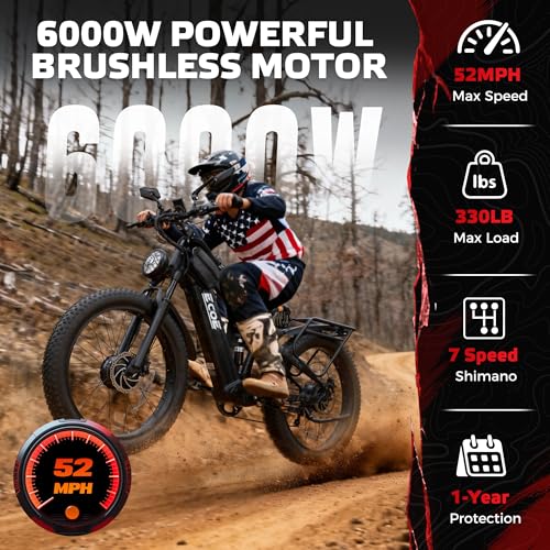 EcoE 6000W/5000W Dual Motor Electric Bike for Adults 52MPH with 60V32A, 26x4 Fat Tire All Terrain Ebikes, Full Suspension ...