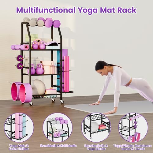 Homeiju Dumbbell Rack, Weight Rack for Home Gym, Yoga Mat Storage Holder with Lockable Wheels, Dumbbell Stand with Hooks, ...