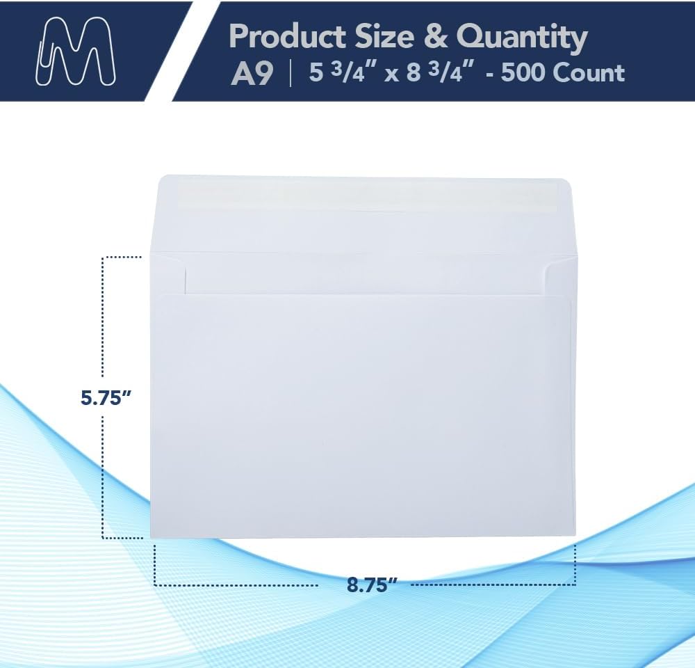 MOS A9 White Envelopes 5.75 x 8.75 Inch 500 Pack — Self-Seal Heavyweight Invitation Envelopes for Greeting Cards, Card Making, RSVP, Wedding Invitations, Business Mailings