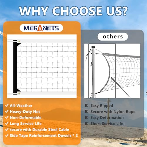 MegaNets Volleyball Net Replacement Heavy Duty Outdoor Volleyball Nets with Steel Cable, 32x3FT Professional Volleyball Ne...