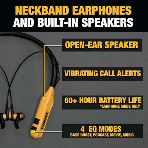 DEWALT Heavy Duty 2-in-1 Neckband Bluetooth Headphones w/Built-in Speakers, Jobsite Wearable Speaker & Around Neck Headpho...