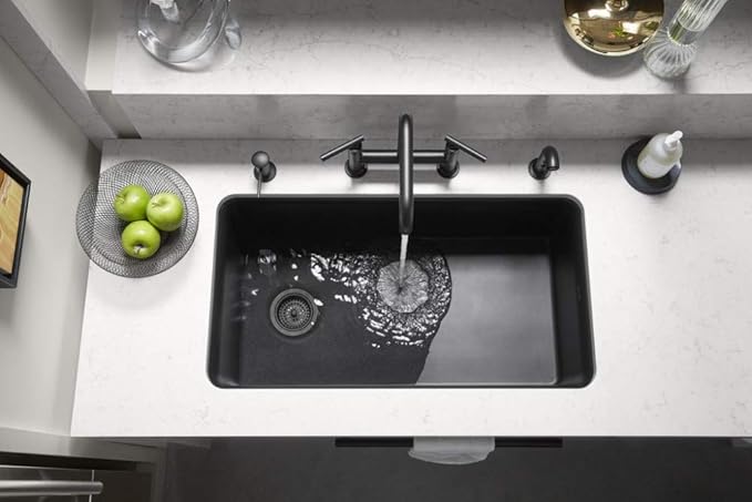 KOHLER K-8206-CM1 Cairn 33-1/2" Undermount Single-Bowl Kitchen Sink, Neoroc Composite Kitchen Sink with Sink Rack, Matte Black