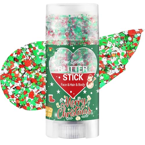 Christmas Body Glitter Stick, Red Green and White Face Glitter Accessories, Waterproof Face Hair Glitter Makeup, Christmas...