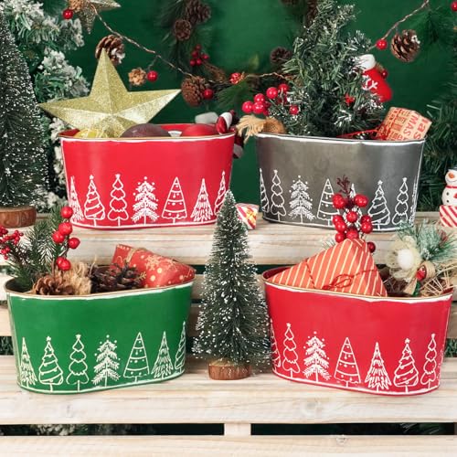 Putuo Decor 4 Packs Christmas Oval Metal Ice Buckets, Christmas Decorations Galvanized Storage Beverage Tubs Tin Bucket Pa...