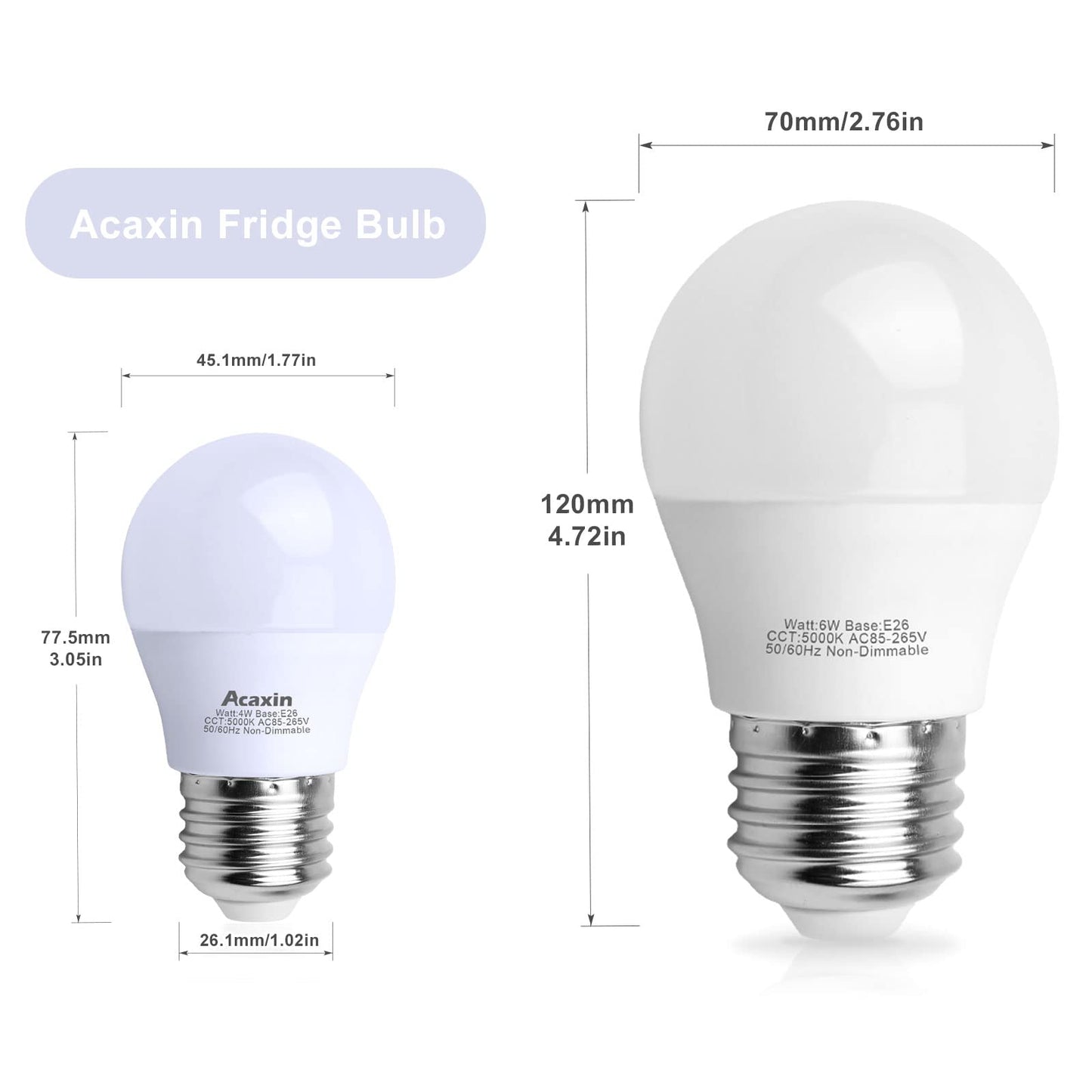 Acaxin LED Refrigerator Light Bulb 4W 40Watt Equivalent, Waterproof Fridge Bulbs Replacement for Frigidaire, Freezer Bulb IP54, 120V E26 Daylight White 5000K 400 Lumen, A15 Appliance Bulb