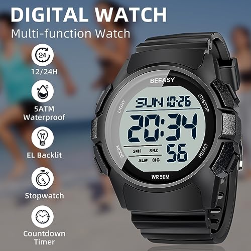 Beeasy Men Digital Sports Watch,Waterproof Watch with Stopwatch Countdown Timer Alarm Function Dual Time Rubber Strap Wris...