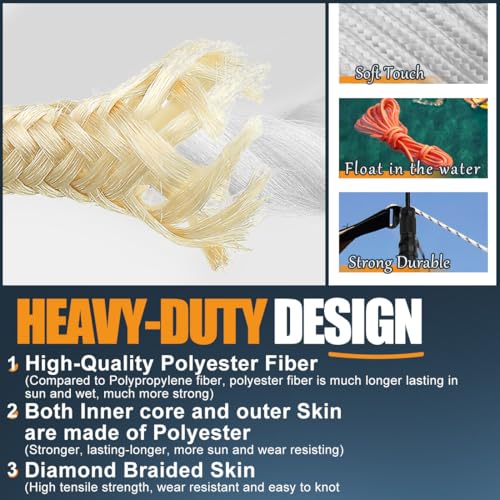 SMART&CASUAL 100 ft 1/4" Polyester Rope (Comparable to Nylon Rope) Poly Strong Utility Cord for Clothes Line Flag Pole Cam...