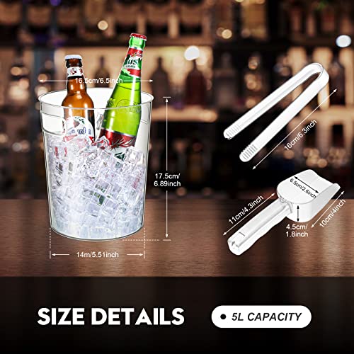 Rtteri 6 Set Plastic Ice Buckets for Parties with Handle, Scoop, Serving Tongs, Large Clear Ice Bucket Round Chiller Bever...