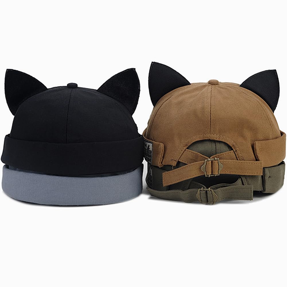 Malaxlx Khaki Cat Ear Docker Cap – Brimless Cotton Sailor Beanie Skull Cap for Women Men