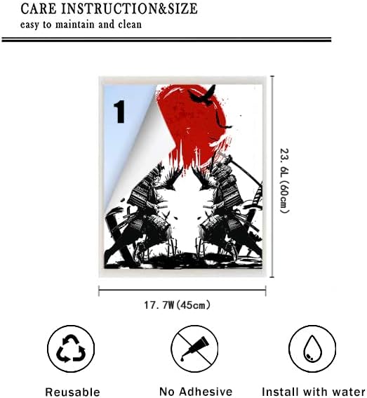 Japanese Samurai Stained Glass Film Watercolor Ink Samurai Sword Red Sun Printwindow Tinting Film for Home,Window Film Stained Glass 17.7Wx23.6L-Inch X1Pcs