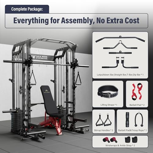 Major Fitness Drone2 Advanced Training Smith Machines– All-in-One Home Gym Squat Rack with Aluminum Pulley Set , Weight Ba...