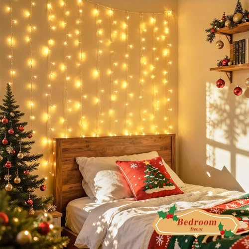 JMEXSUSS 200 LED Christmas Curtain Lights Battery Operated & USB Plug in, 8 Modes Warm White Curtain String Lights for Bac...