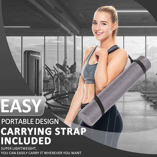Signature Fitness All Purpose 0.25 Inch Thick High Density No Tear Exercise Yoga Mat with Strap & Lightweight Features for...