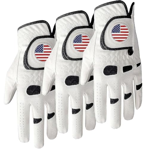 Golf Gloves Men Left Hand Right Handed Golfer 3 Pack with Ball Marker Soft Leather Weathersof Grip Mens Glove Size S M ML ...