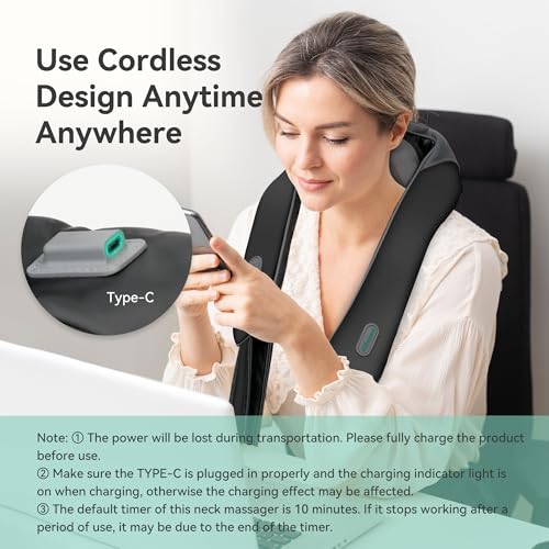 Snailax Cordless Neck Shoulder Massager with Heat for Pain Relief Deep Tissue, Upgarded 4D Kneading, Shiatsu Back Neck Mas...
