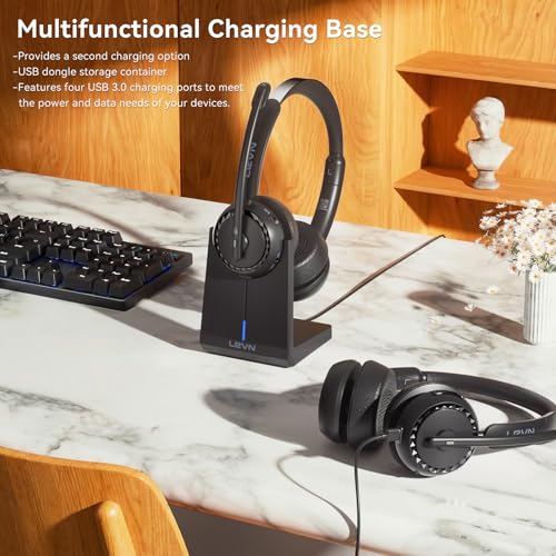 LEVN Wireless Headset, Wireless Headset with Mic for Work, AI Noise Cancelling, 65 Hrs Working Time, Bluetooth Headphones ...