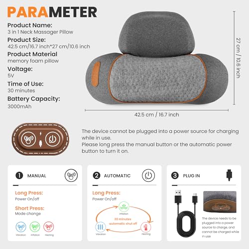 CARINIFY 3-in-1 Rechargeable Neck Massager Pillow - Pillow Massage Neck Hump for Shoulder Pain, Deep Tissue Pain Relief, w...
