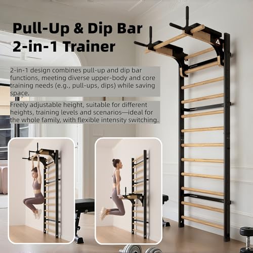 Swedish Ladder Pro, Wood Stall Bar with Push-Through Bar, Adjustable Pull-Up Dip Bar for Adults and Kids, Accessories Bund...