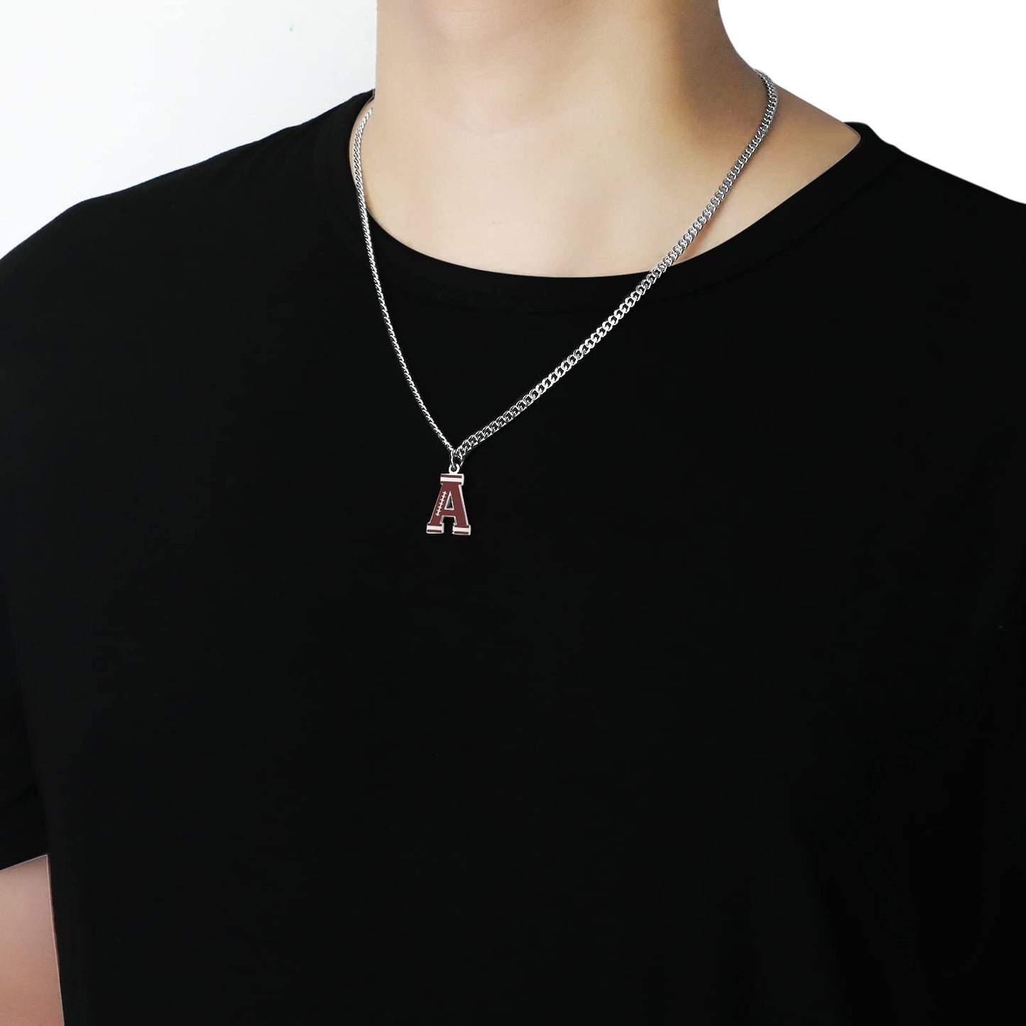 AIAINAGI Football Initial A-Z Letter Necklace for Boys Football Charm Pendant Stainless Steel Silver Chain 22inch Personalized F