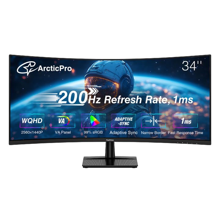 ArcticPro 34inch 200Hz, Curved Gaming Monitor, WQHD 2560 * 1440p, VA Panel, 1ms Response Time, Adaptive sync, 3-Sided Frameless, Ultra Slim, 99% sRGB, Bluelight Filter, HDMI(TMDS)& DP Ports,Black