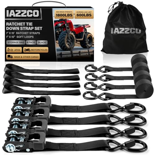 IAZZCO Ratchet Straps - Heavy Duty Tie Downs Straps - 1 Inch x 15 Feet 4 Pack - Safety S Hooks & Soft Loops, 1800LBS Break...