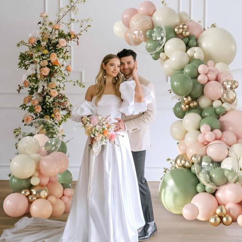 Sage Green Pink Gold Balloon Arch Kit 132Pcs Sage Green Pink Peach Ivory White Gold Clear Balloons for Boho Wildflower Bab...