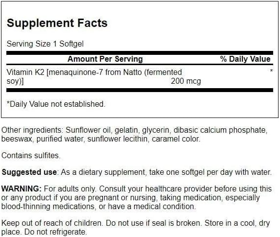 Swanson Maximum Strength Vitamin K2 (Menaquinone-7)-Vitamin Supplement Supporting Cardiovascular and Bone Health-Made from Japanese Natto to Help Regulate Calcium (30 Softgels, 200mcg Each)
