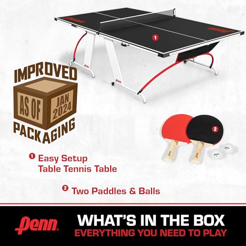 Penn Full-Size Ping Pong Table - Easy Setup, Engineered Wood, Black/White/Red - Preassembled Table Tennis Set - Foldable P...