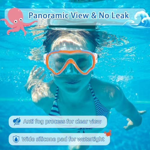 Freela Kids Swim Goggles Diving Mask for Youth 6-14, Tempered Glass Lens, 180° HD View Goggles with Nose Cover for Pool Beach