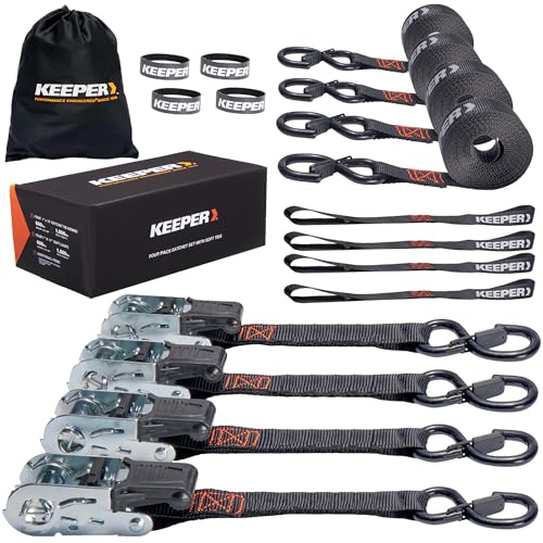Keeper Ratchet Tie Down Straps Kit, 4 Pack - 1in. x 15ft. Heavy Duty Cargo Straps for Motorcycle, ATV, UTV & Moving – 1800...