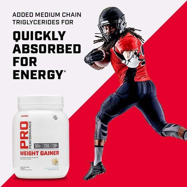 GNC Pro Performance Weight Gainer Protein Powder, 50g Protein, High Calorie, 700 Calories, Supports Mass and Muscle Recovery, MCT, BCAA, 3rd Party Tested, Vanilla Ice Cream, 6 Servings, 2.5 lbs