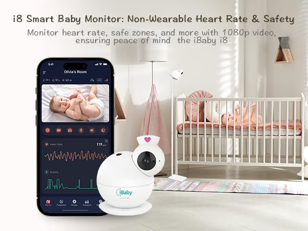iBaby i8 Contactless Smart Baby Monitor with Heart Rate & Sleep Tracking, Cry & Smart Alerts, 1080p Night Vision, Two-Way ...