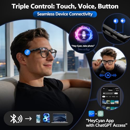AI Smart Glasses with Camera and Audio, 8MP HD Camera Glasses for Men Women with Voice Assistant, 1080P Recording Sunglass...