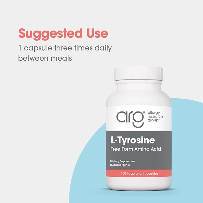 Allergy Research Group L-Tyrosine - Brain Support, Hormone Precursor, Free Form Amino Acid, 500mg Supplement, Thyroid Support Capsules - 100 Count