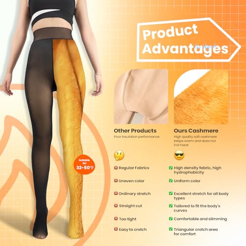 Caprilite 2 Pairs Women Fleece Lined Tights-Fake Translucent Leggings High Waist Pantyhose Sheer Thick Warm Tights For Women
