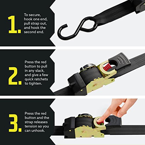 DC Cargo Mall Auto Retractable Ratchet Straps (4-Pack) 1” x 6ft, Heavy Duty, 1,522lb Break Strength – Tie Down Straps for ...
