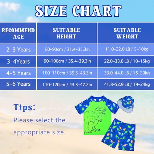 AuSletie Boys Two Pieces Swimsuit Set Short Sleeve Kids Rash Guard Dinosaur Boys Bathing Suit with Sun Cap for 2-6 Years
