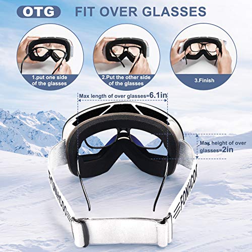 FONHCOO Ski Goggles for Men Women, Anti-Fog OTG Snow Snowboard Glasses with Detachable Lens for Skiing Skating, UV Protection