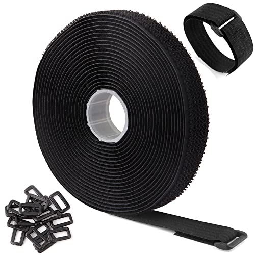 WSZJINB 16Ft x 1In Adjustable Cable Straps with 25 Buckles, Free Cut Length, Black Reusable Fastening Cable Ties, Hook and...