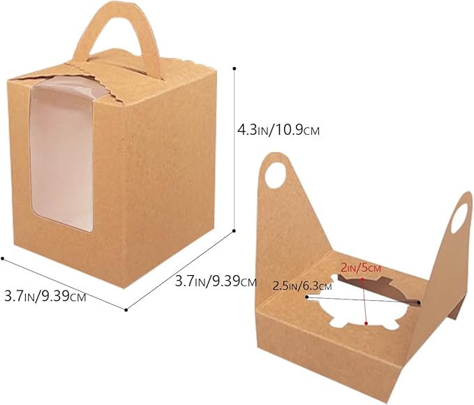 Bakepacker Auto-pop up Individual Cupcake Boxes with Window 60 Count Brown Single Cupcakes Box 3.7 x 3.7 x 4.3inch Cupcake Carrier