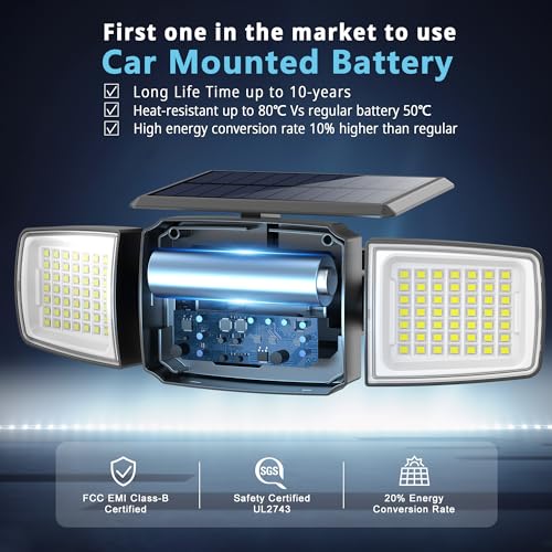 JEJOT Solar Security Light Outdoor Super Bright LED, Motion Sensor Flood Light, 3 Heads 270° Wide Angle, Remote Control,IP...