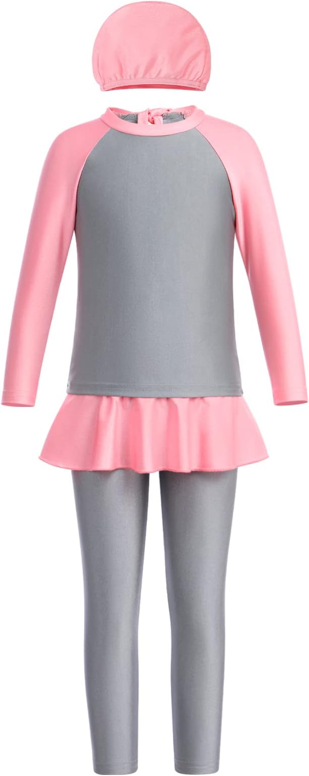 Girl Burkini Swimsuits Modest Muslim Islamic Long Sleeve Rash Guard Full Cover Hijab Top Skirted Swim Capris Swimwear
