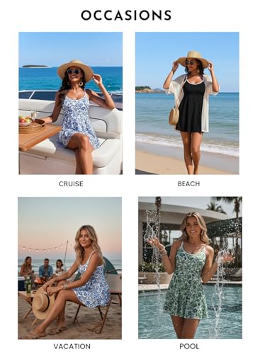 Aleumdr Women's One Piece Swimsuit Floral Print Whip Stitch Tummy Control Swimdress Skirt Bathing Suit with Pocket