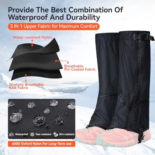 OrrinSports Gators for Hiking Boots with Upgraded Zipper Gaiters for Hiking Snow Waterproof Lightweight Leg Gaiters for Me...